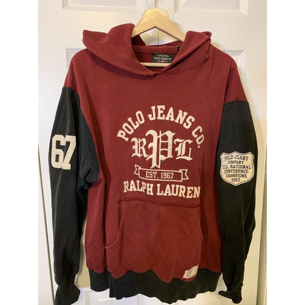 Vintage Polo Jeans Co Hoodie Ralph Lauren applique Sz L pocket Maroon Bl…